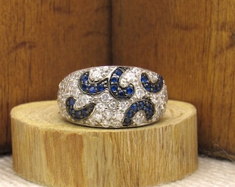 Sterling Silver Domed Band with Blue and Clear Faceted Stones Size 8 +