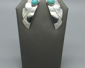 Vintage Sterling Silver Turquoise Post Earrings with Geometric Design