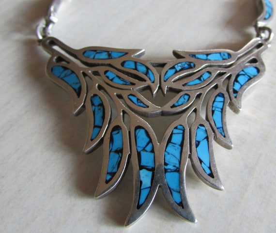Mexican Sterling Silver Necklace with Turquoise a… - image 2