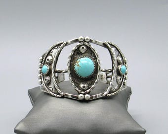 Unique Sterling Silver Moon Design Turquoise Cuff Bracelet