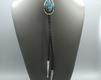Vintage Sterling Silver Flower Design Turquoise Bolo Tie