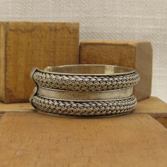 Sterling Silver Cuff Bracelet with Two Rows of Wo… - image 3