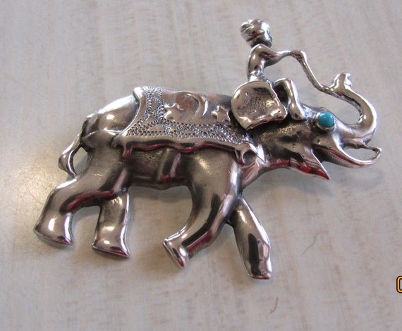 Sterling Silver and Elephant with Rider Pin with … - image 1
