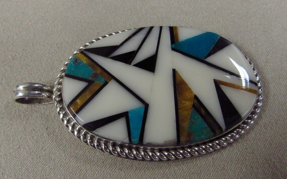 Sterling Silver Large Oval Inlaid Pendant + - image 2