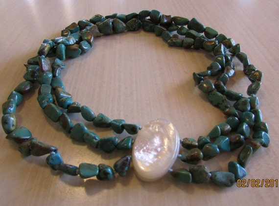 Three Strand Turquoise Necklace with Mother of Pe… - image 1