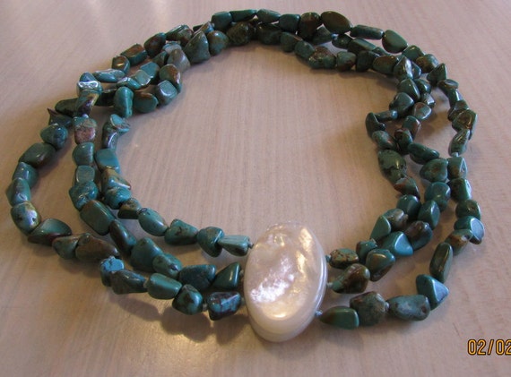 Three Strand Turquoise Necklace with Mother of Pe… - image 3