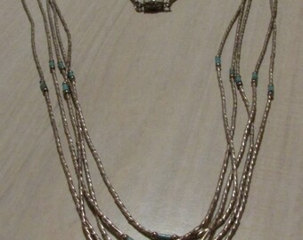 Twisted Sterling Liquid Silver with Turquoise Heshi 5 Strand  24" Necklace +