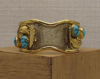 Southwest Sterling Silver, Gold Filled and Turquoise Watch Cuff Bracelet +