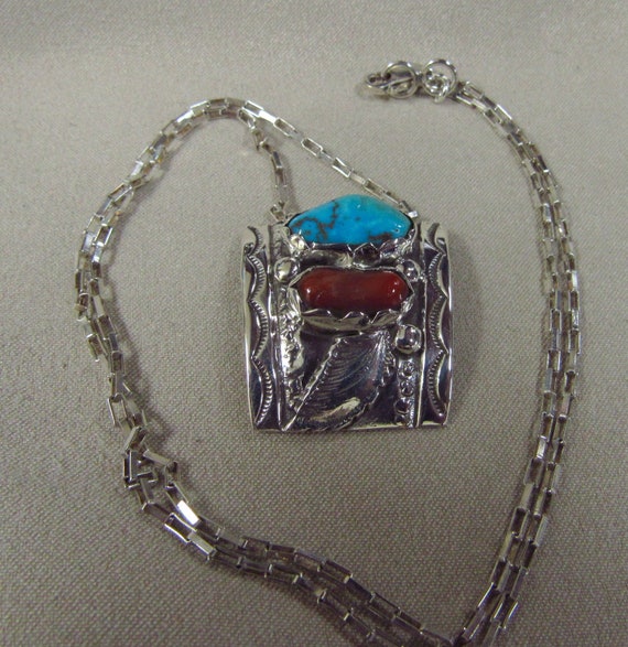 Sterling Silver Southwest Coral and Turquoise Neck