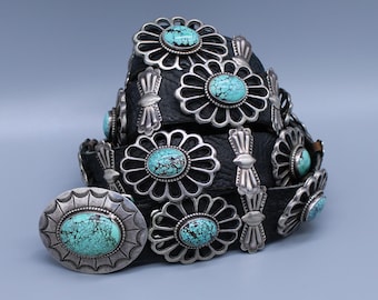 Vintage Sterling Silver & Leather Turquoise Cast Concho Belt