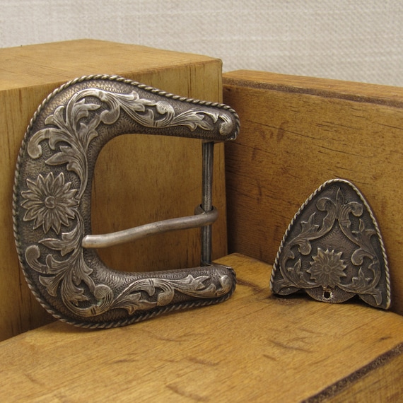 Large Sterling Silver Floral Design Buckle Set st… - image 1