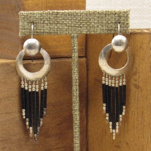 Sterling Silver and Black Heshi Dangle Hook Earrings +