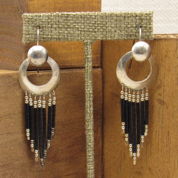 Sterling Silver and Black Heshi Dangle Hook Earri… - image 1