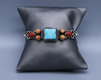 Derrick Gordon Navajo Native American Sterling Silver Multi Gem Cuff Bracelet