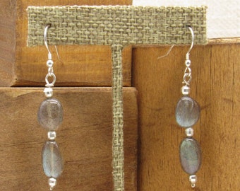 Labradorite and Sterling Silver Bead Wire Dangle Earrings +