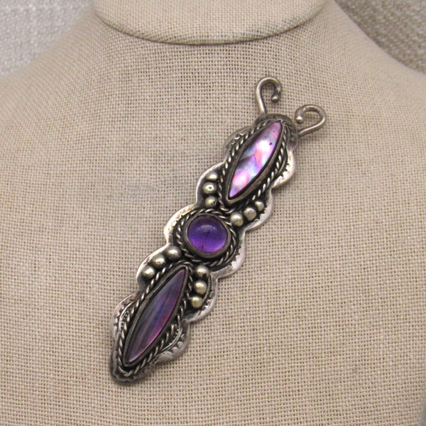 Navajo Style Sterling Silver Amethyst and Abalone Shell Pin Signed MC R +