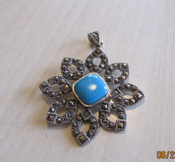Sterling Silver Marcasite and Faux Turquoise Pend… - image 4