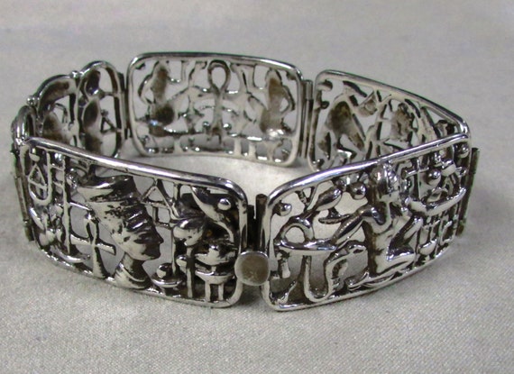 Sterling Silver Link Bracelet with Egyptian Desig… - image 3