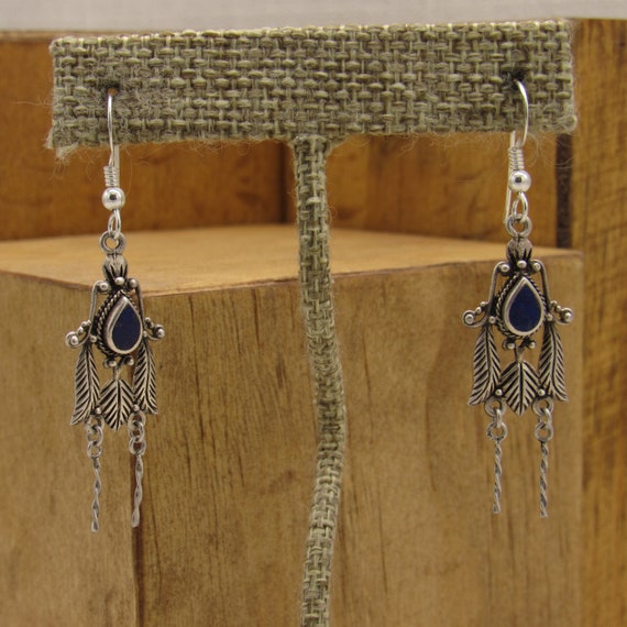 Sterling Silver and Lapis Dangle Wire Earrings + - image 1
