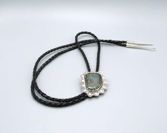 Sterling Silver Scalloped Edge Turquoise Bolo Tie Signed T. Francis