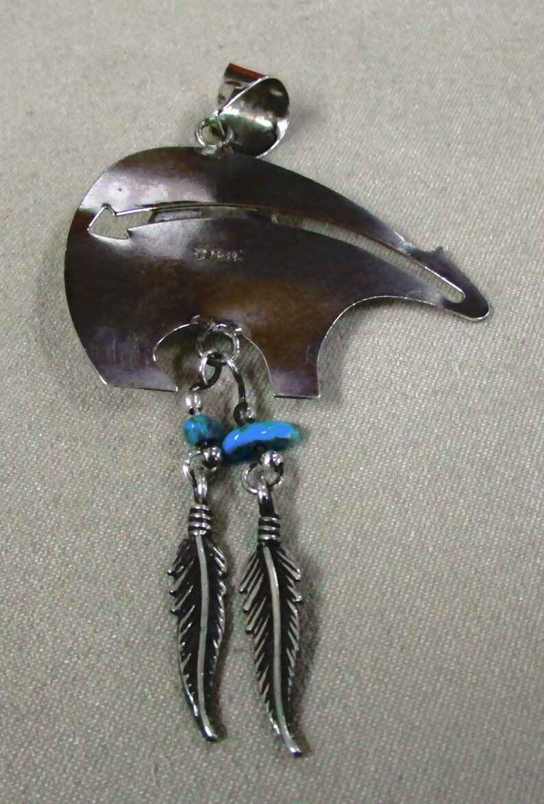 Sterling Silver and Turquoise Bear Fetish Pendant with Dangling Feathers