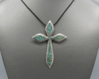 Sterling Silver Turquoise Chip Inlay Cross Pendant Necklace