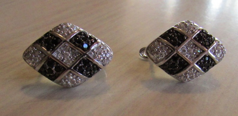 Sterling Silver Post Earrings with Black and Clear Faceted Stones