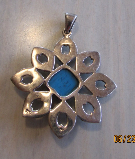 Sterling Silver Marcasite and Faux Turquoise Pend… - image 2