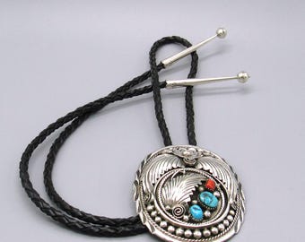 Showy Sterling Silver Turquoise and Coral Spinner Bolo Tie