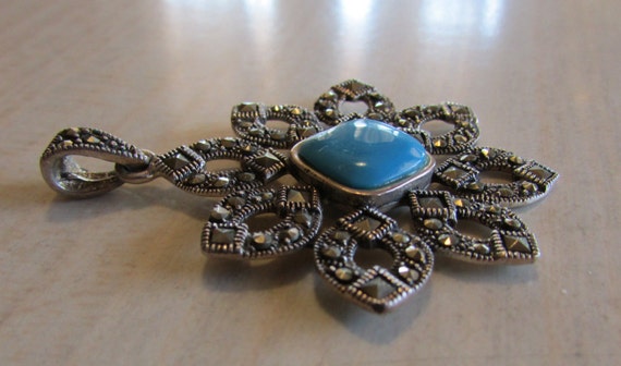 Sterling Silver Marcasite and Faux Turquoise Pend… - image 3