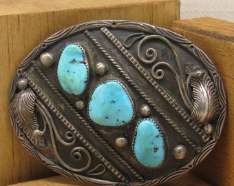 Sterling Silver Belt Buckle with Turquoise Stones +