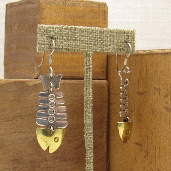 Sterling Silver Wire Dangle Fish Skeleton Earring… - image 3