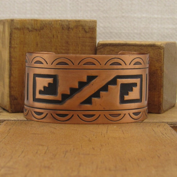 Southwest Copper Cuff Bracelet with Geometric Des… - image 1