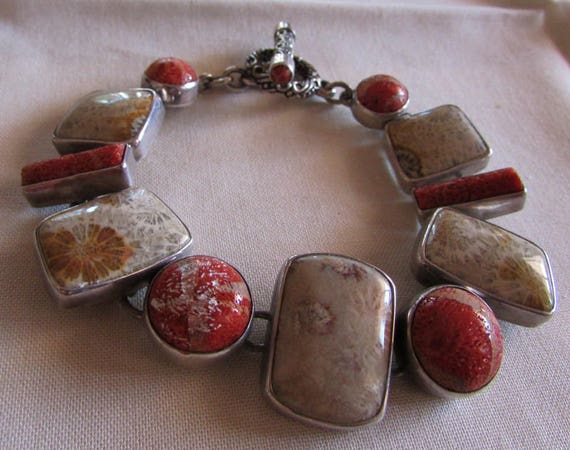 Sterling Silver, Apple Coral and Fossil Coral Lin… - image 2