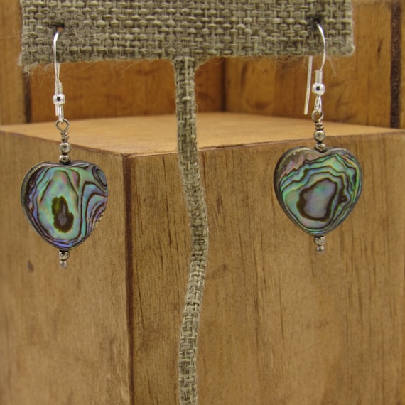 Abalone Shell Heart Dangle Wire Earrings + - image 1