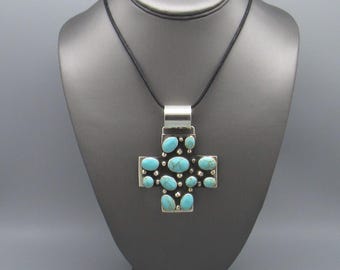 Large Sterling Silver Block-Turquoise Cluster Cross Pendant Necklace