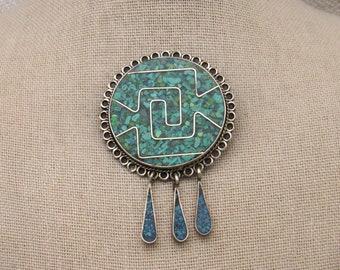 Mexico Sterling Silver Chip Inlay Pin Pendant +
