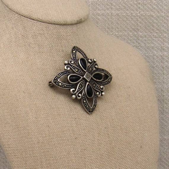 Pretty Sterling Silver Black Onyx and Marcasite P… - image 2