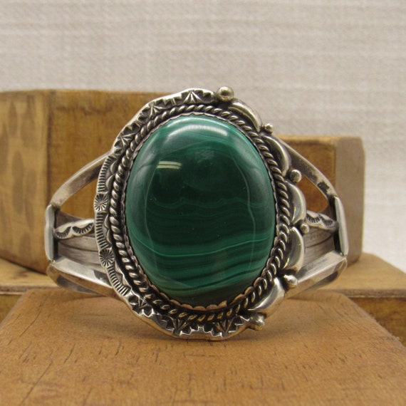 Large Sterling Silver and Malachite Navajo Style … - image 1