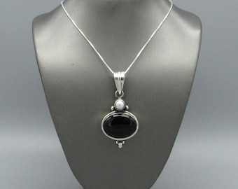 Sterling Silver Black Onyx and Pearl Pendant
