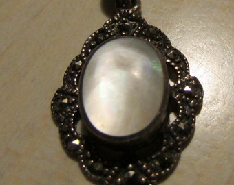 Sterling Silver Mother of Pearl and Marcasite Pendant with Chain +
