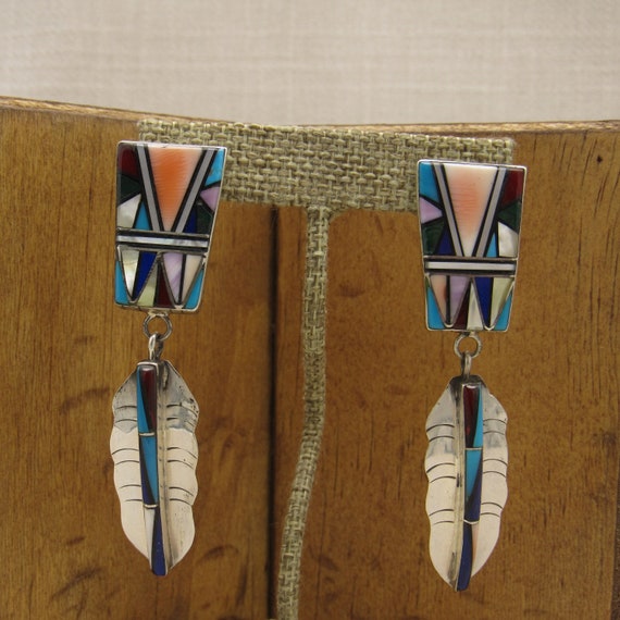 Sterling Silver Inlay Dangle Feather Earrings + - image 1