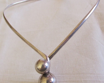 Sterling Silver Collar Necklace with Two Silver Beads in Front +