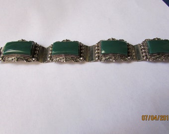 Sterling Silver and Green Stone Link Bracelet from Mexico +