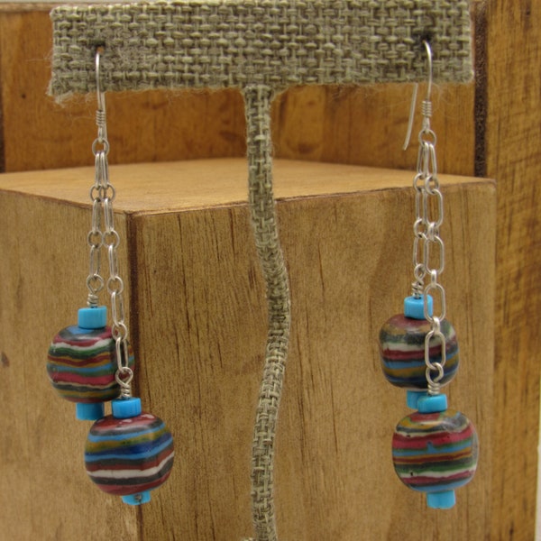 Block Rainbow Calsilica and Silver Dangle Wire Earrings +