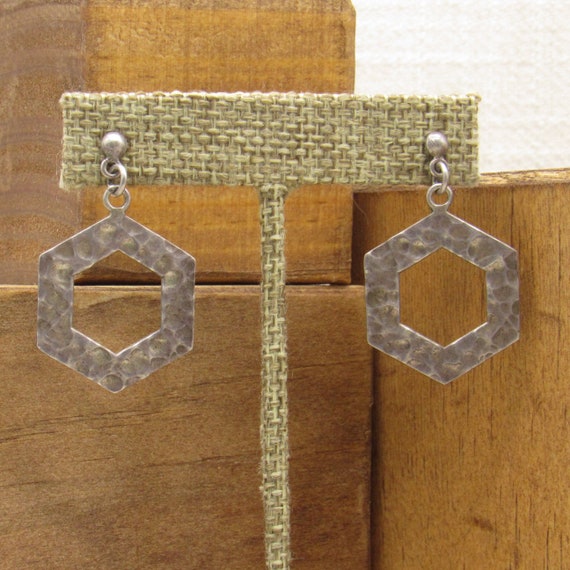 Hammered Sterling Silver Hexagon Dangle Post Earr… - image 1