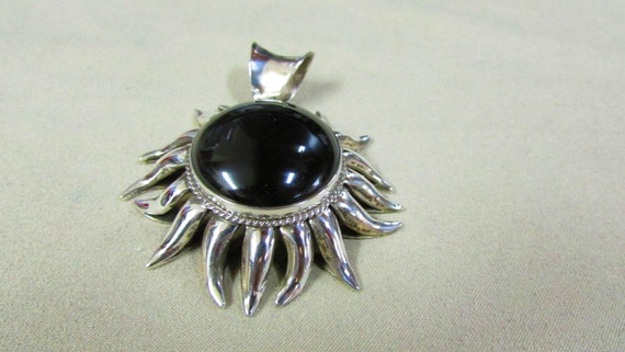 Bold Sterling Silver and Black Onyx Sun Pendant + - image 1