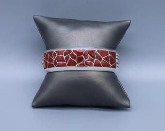 Sterling Silver and Coral Inlay Cuff Bracelet