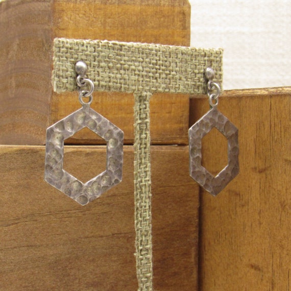 Hammered Sterling Silver Hexagon Dangle Post Earr… - image 2