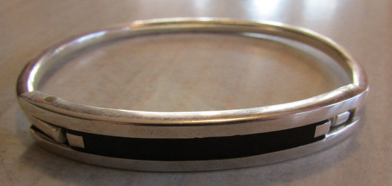 Sterling Silver and Black Enamel Hinged Bracelet … - image 1